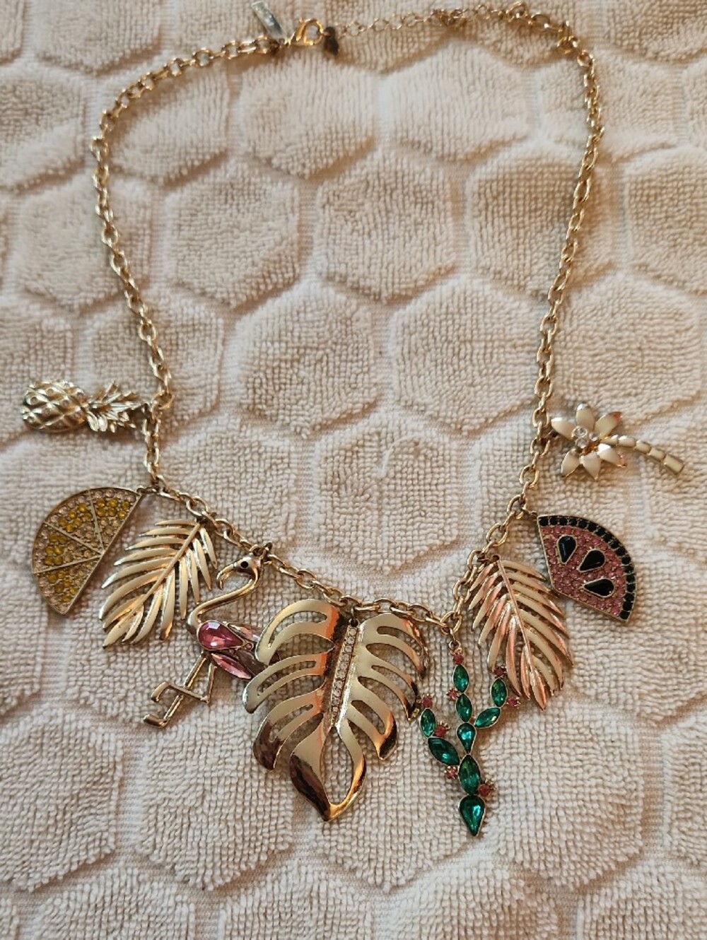 Gold Tropical Leaf Charms, Abalone Shell, Beaded Fish Summer Necklace Set - Picture 3 of 4